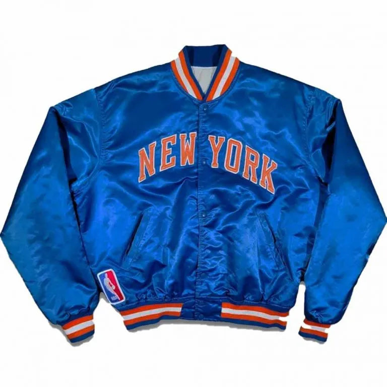 90’s New York Knicks Full-Snap Varsity Royal Blue Satin Men's Bomber Jacket