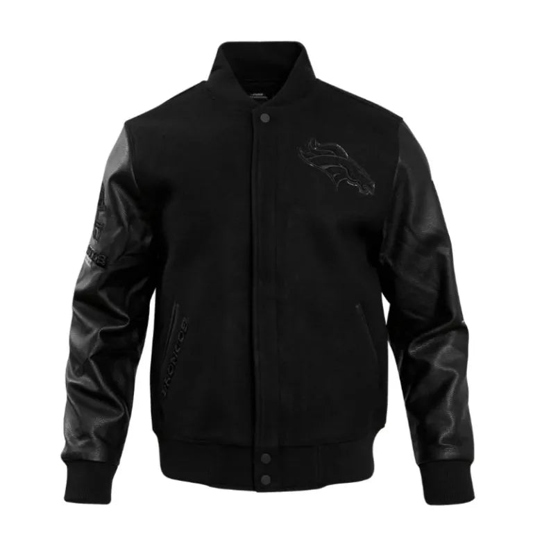 Denver Broncos Triple Black Wool & Genuine Leather Sleeves Men's Varsity Jacket