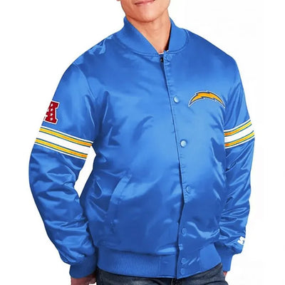 Los Angeles Chargers The Pick and Roll Full-Snap Varsity Powder Blue Satin Men's Bomber Jacket