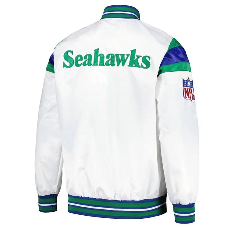 Seattle Seahawks Midweight Full-Snap Varsity White Satin Men's Bomber Jacket