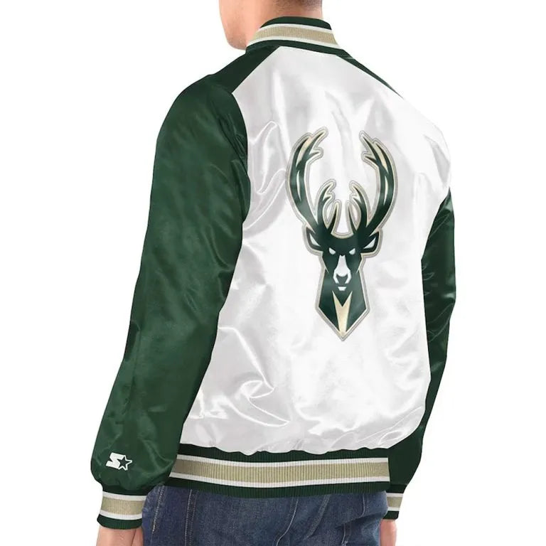 Milwaukee Bucks Renegade Full-Snap Varsity Hunter Green Satin Men's Bomber Jacket