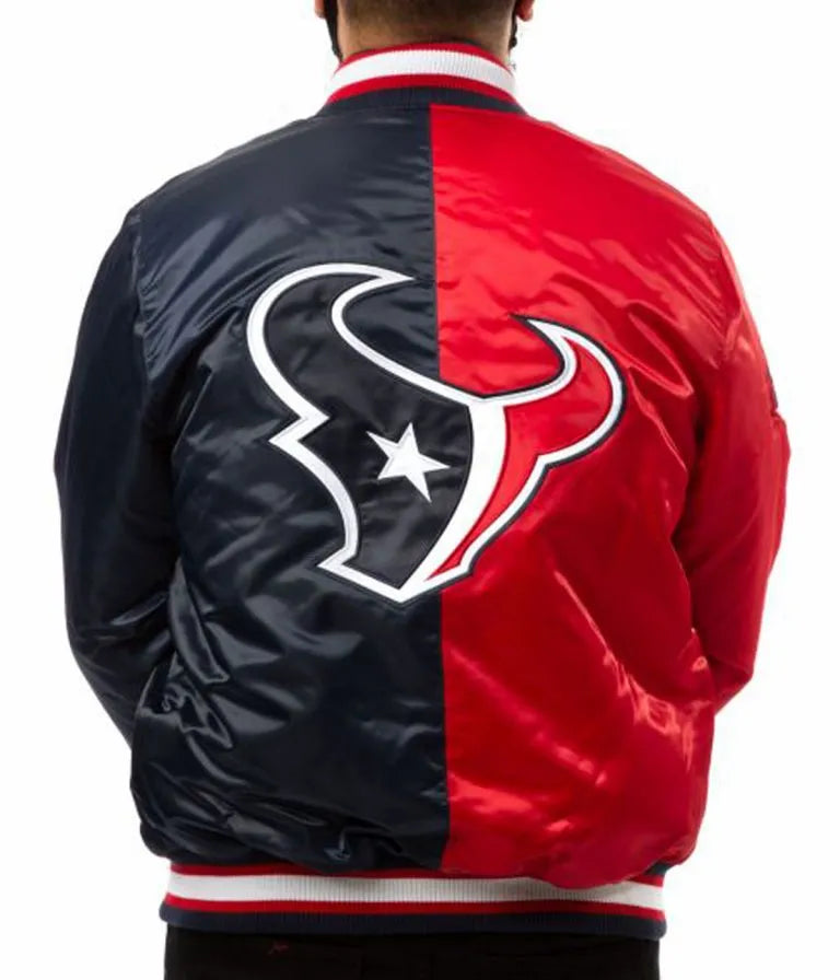 Houston Texan Full-Snap Varsity Red and Navy Blue Satin Men's Bomber Jacket