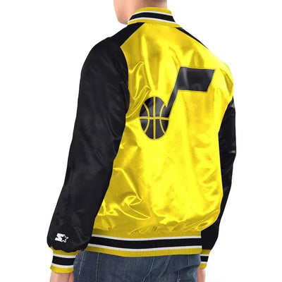 Utah Jazz Youth Renegade Full-Snap Varsity Yellow/Black Satin Men's Bomber Jacket