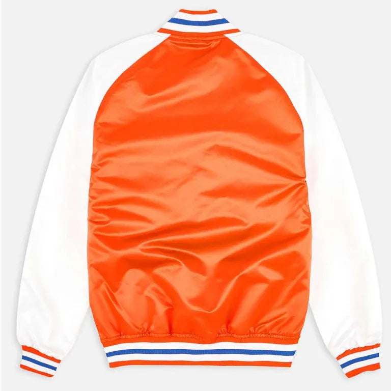 New York Knick Prime Time Full-Snap Varsity Orange and White Satin Men's Bomber Jacket
