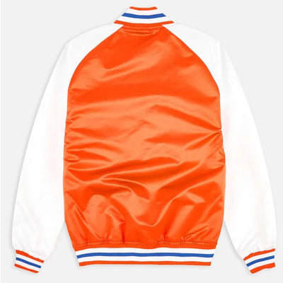 New York Knick Prime Time Full-Snap Varsity Orange and White Satin Men's Bomber Jacket