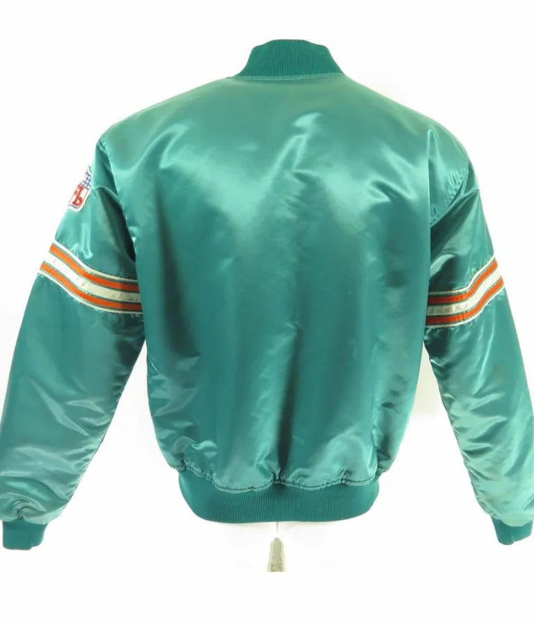 80s Miami Dolphins Vintage Full-Snap Varsity Green Satin Men's Bomber Jacket