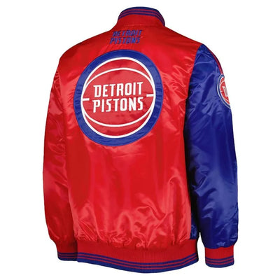 Detroit Pistons Fast Break Full-Snap Varsity Royal Blue & Red Satin Men's Bomber Jacket