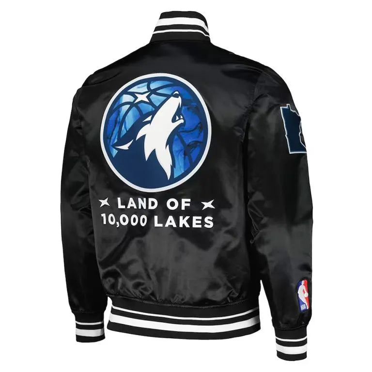 Minnesota Timberwolves 2024 City Edition Full-Snap Varsity Black Satin Men's Bomber Jacket