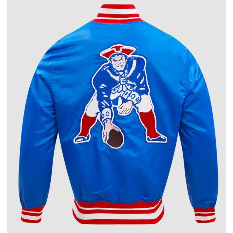 New England Patriots Retro Classic Rib Full-Snap Varsity Royal Blue Satin Men's Bomber Jacket