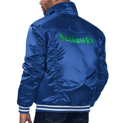 Seattle Seahawks Silver Tab Trucker Full-Snap Varsity Royal blue Satin Men's Bomber Jacket