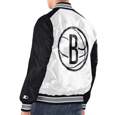 Brooklyn Nets Renegade Full-Snap Varsity White/Black Satin Men's Bomber Jacket