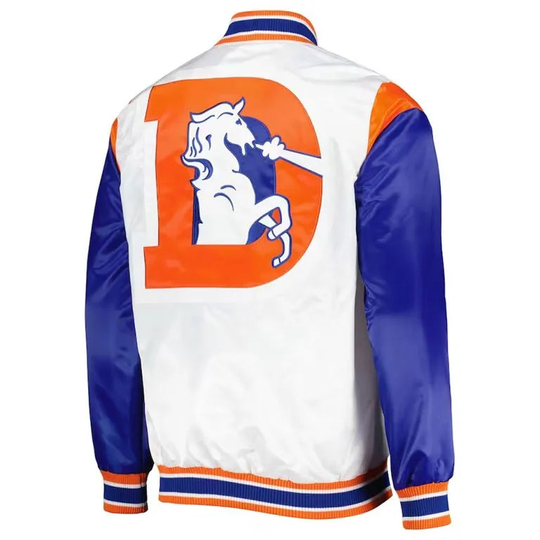 Denver Broncos Throwback Warm Up Pitch Full-Snap Varsity Royal Blue & White Satin Men's Bomber Jacket