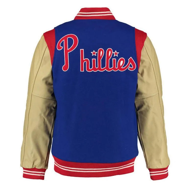 1948 Philadelphia Phillies Varsity Royal Blue Wool & Beige Leather Sleeves Men's Jacket