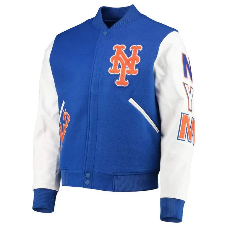 New York Mets Full-Zip Royal Blue Wool & White Leather Sleeves Varsity Men's Jacket