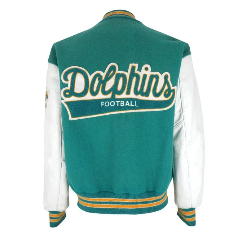 1980s Miami Dolphins Aqua Wool and White Genuine Leather Sleeves Men's Varsity Letterman Jacket