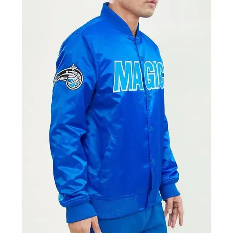 Orlando Magic Wordmark Full-Snap Varsity Royal Blue Satin Men's Bomber Jacket