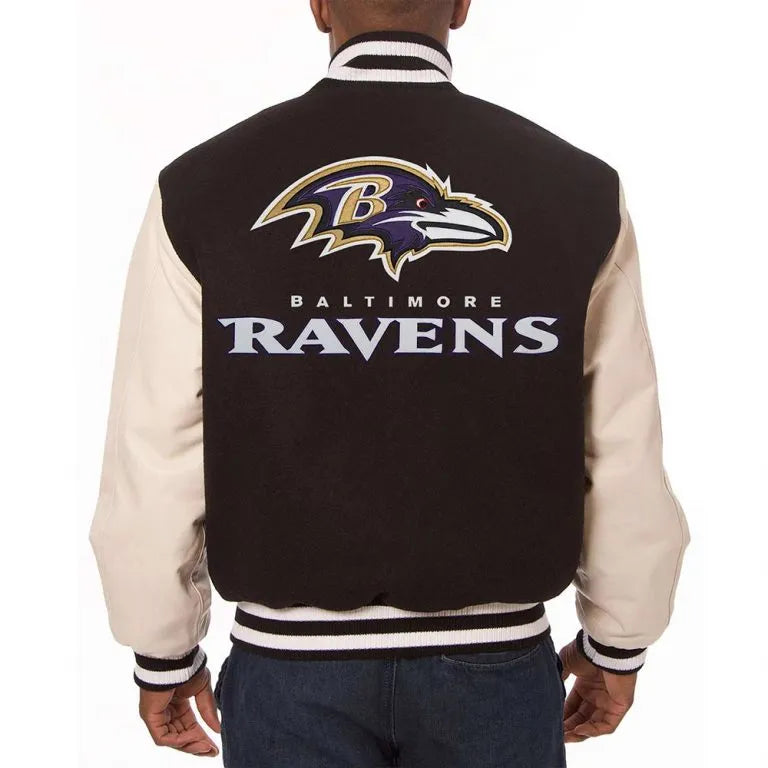 Baltimore Ravens Black Wool and White Leather Sleeves Varsity Men's Jacket