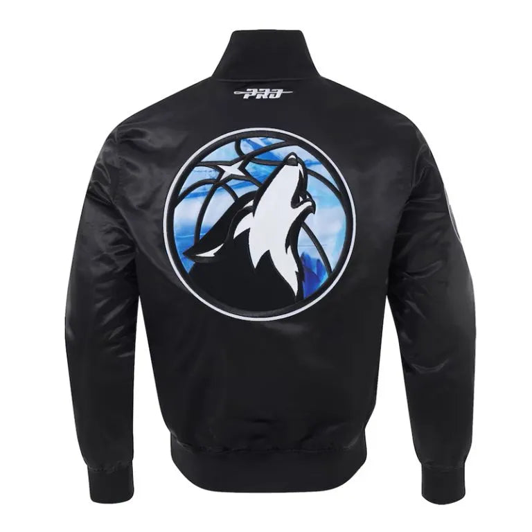 Minnesota Timberwolves 2024/25 City Edition Full-Snap Varsity Black Satin Men's Bomber Jacket