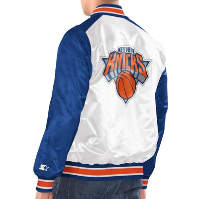New York Knicks Renegade Full-Snap Varsity White/Blue Satin Men's Bomber Jacket
