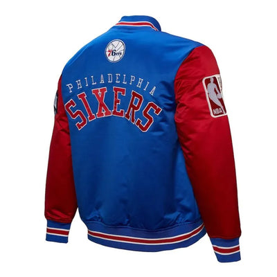 Philadelphia 76ers Full-Snap Varsity Royal Blue and Red Satin Men's Bomber Jacket