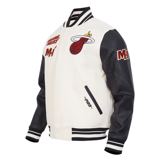 Miami Heat Mashup Logo Varsity Off White Wool & Black Genuine Leather Sleeves Men's Jacket