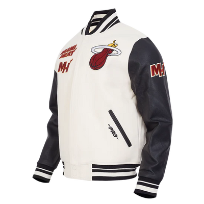 Miami Heat Mashup Logo Varsity Off White Wool & Black Genuine Leather Sleeves Men's Jacket