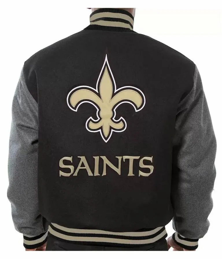 New Orleans Saints Black and Gray Wool Men's Varsity Letterman Jacket