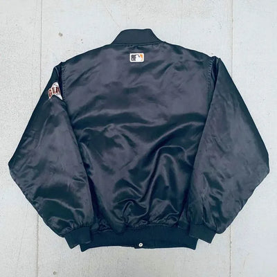 1990’s San Francisco Giants Script Spellout Full-Snap Bomber Navy Blue Satin Men's Jacket