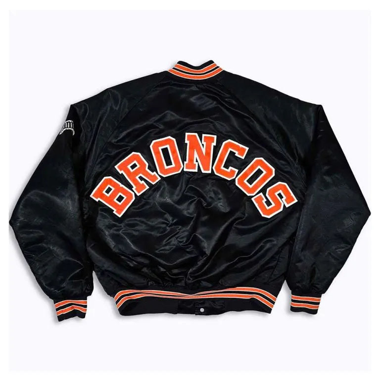 80’s Denver Broncos Full-Snap Varsity Black Satin Men's Bomber Jacket
