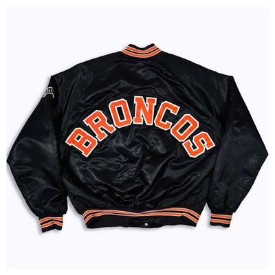 80’s Denver Broncos Full-Snap Varsity Black Satin Men's Bomber Jacket