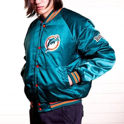 Miami Dolphins Team Full-Snap Varsity Aqua Satin Men's Bomber Jacket