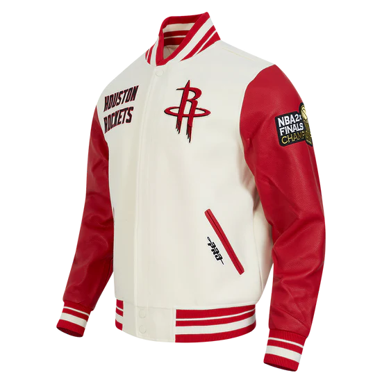 Houston Rockets Retro Classic Rib Varsity Off-White Wool & Red Genuine Leather Sleeves Men's Bomber Jacket