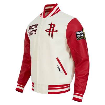 Houston Rockets Retro Classic Rib Varsity Off-White Wool & Red Genuine Leather Sleeves Men's Bomber Jacket
