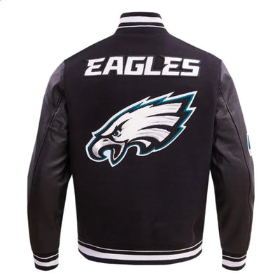 Philadelphia Eagles Mashup Rib Black Wool & Genuine Leather Sleeves Men's Varsity Letterman Jacket