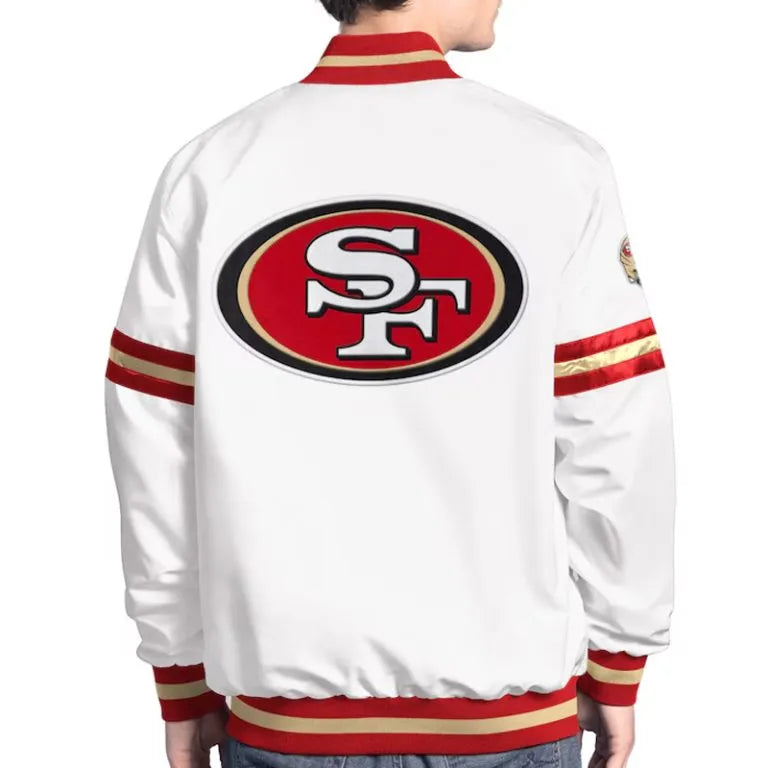 San Francisco 49ers Scout Full-Snap Varsity White Satin Men's Bomber Jacket