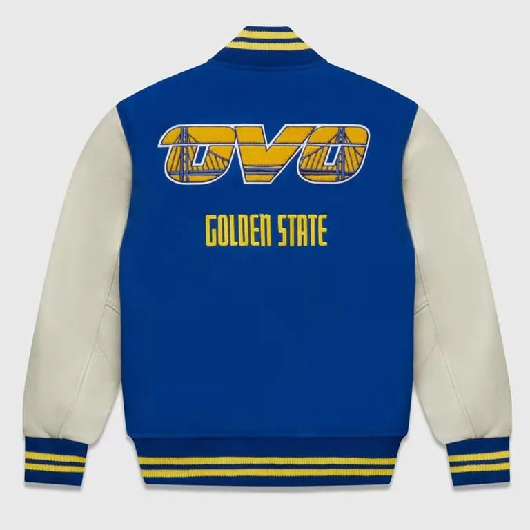 OVO Golden State Warriors Varsity Blue Wool & White Genuine Leather Sleeves Men's Bomber Jacket