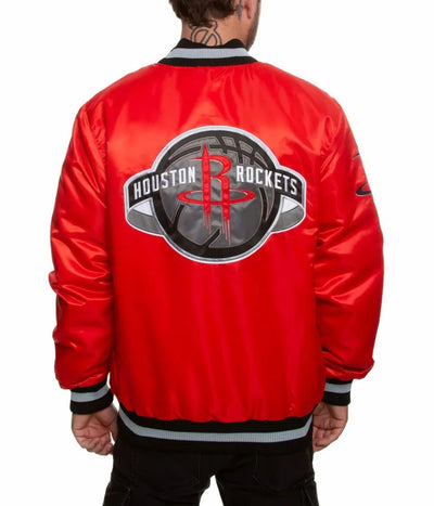 Houston Rockets Full-Snap Varsity Red Satin Men's Bomber Jacket