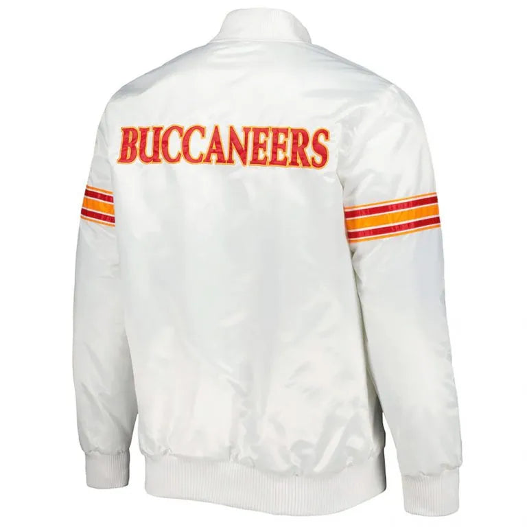 Tampa Bay Buccaneers The Power Full-Snap Varsity White Satin Men's Bomber Jacket
