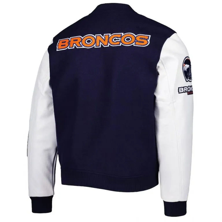 Denver Broncos Logo Navy Blue Wool & White Genuine Leather Sleeves Men's Varsity Jacket