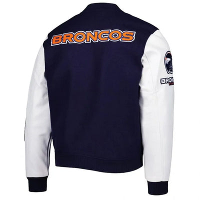 Denver Broncos Logo Navy Blue Wool & White Genuine Leather Sleeves Men's Varsity Jacket