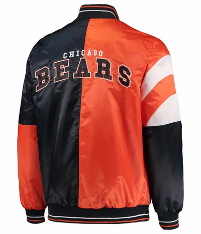 Chicago Bears Leader Full-Snap Varsity Navy Blue and Orange Satin Men's Bomber Jacket