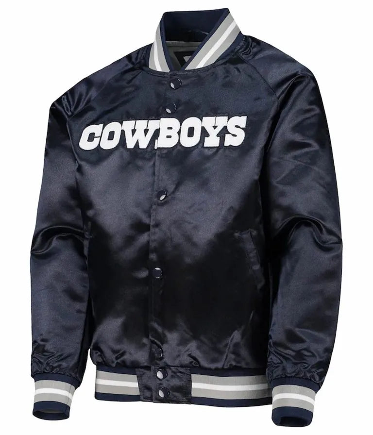 Dallas Cowboys Raglan Full-Snap Varsity Navy Blue Satin Men's Bomber Jacket