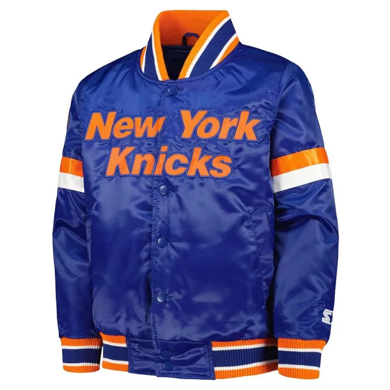 New York Knick Home Game Full-Snap Varsity Blue Satin Men's Bomber Jacket