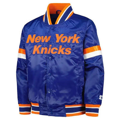 New York Knick Home Game Full-Snap Varsity Blue Satin Men's Bomber Jacket
