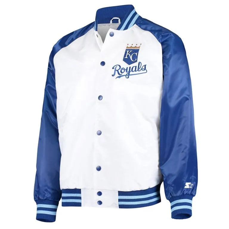 Kansas City Royals Clean-Up Hitter Full-Snap White and Royal Blue Satin Men's Jacket