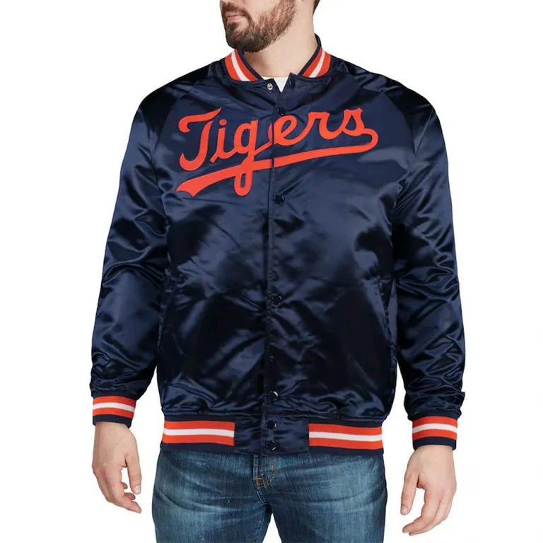 Detroit Tigers Navy Blue Satin Bomber Full-Snap Men's Jacket