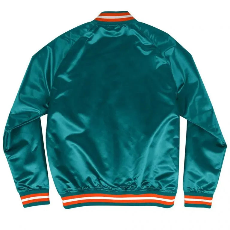 Miami Dolphins Lightweight Full-Snap Varsity Aqua Satin Men's Bomber Jacket