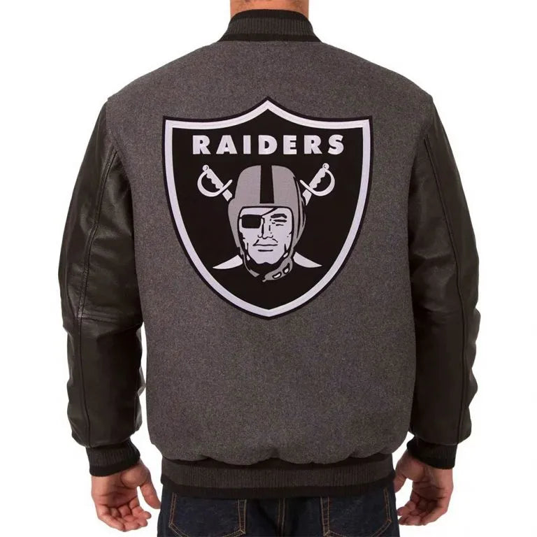 Los Vegas Raiders Charcoal Wool and Black Genuine Leather Sleeves Men's Varsity Letterman Jacket