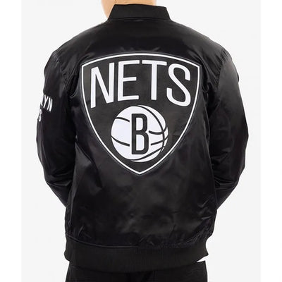 Brooklyn Nets Full-Snap Varsity Black Satin Men's Bomber Jacket