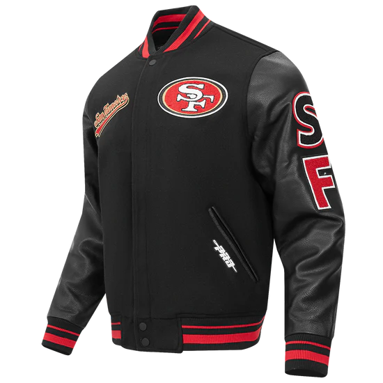 San Francisco 49ers Script Tail Classic Rib Black Wool & Genuine Leather Sleeves Men's Varsity Letterman Jacket